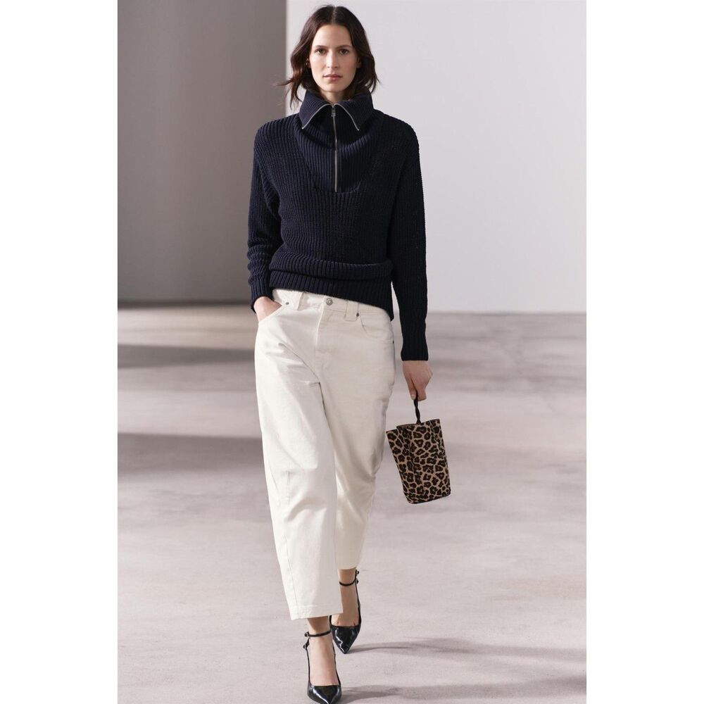 Navy Blue Zara Foldover High Collar Half Zip Ribbed Knit Pullover Sweater (NWT)